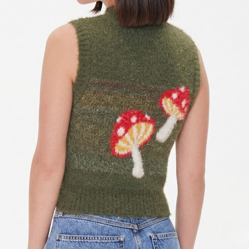 Forever 21 Fuzzy Mushroom Eyelash Knit Mock Neck Sweater Vest Green Small - Picture 2 of 8
